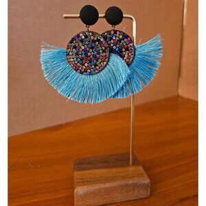 Boho Chic Multicolor Rhinestone & Blue Fringe Statement Earrings